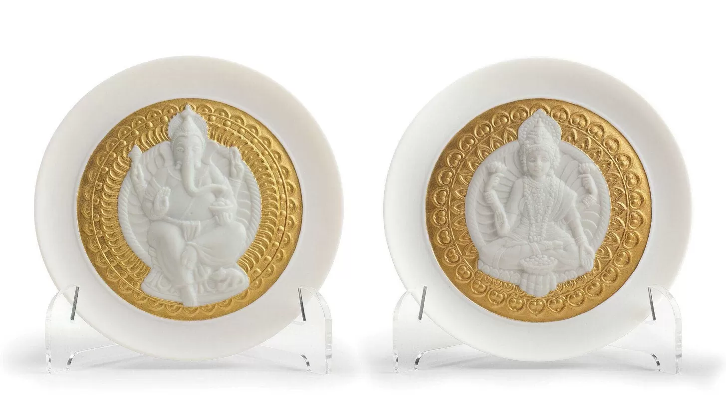 Lladró Goddes Lakshmi And Lord Ganesha Decorative Plates Set. Golden Lustre^ Hinduism
