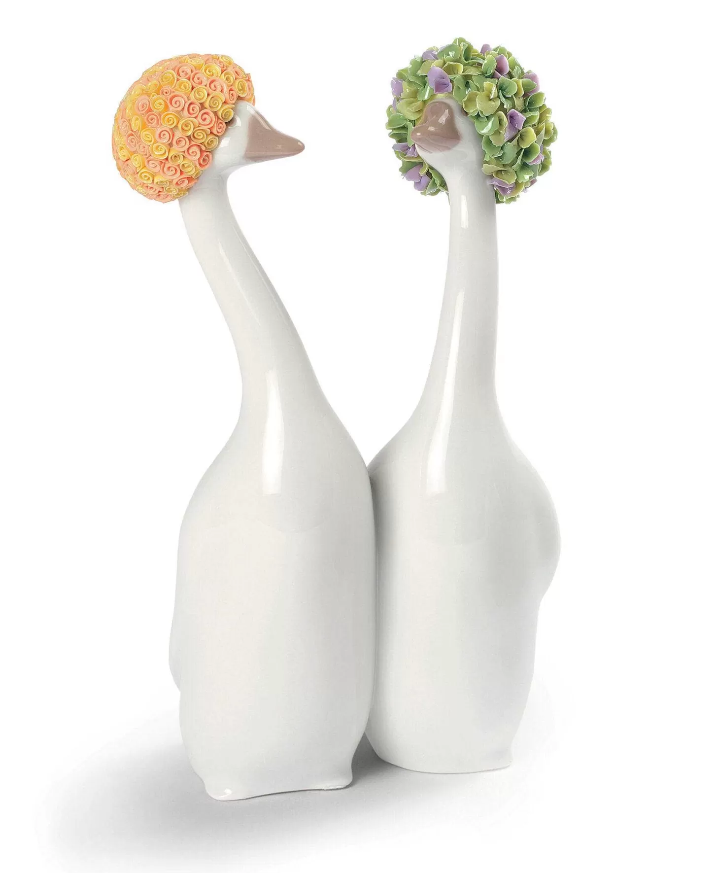Lladró Goossiping Geese Figurine. Orange And Green^ Design